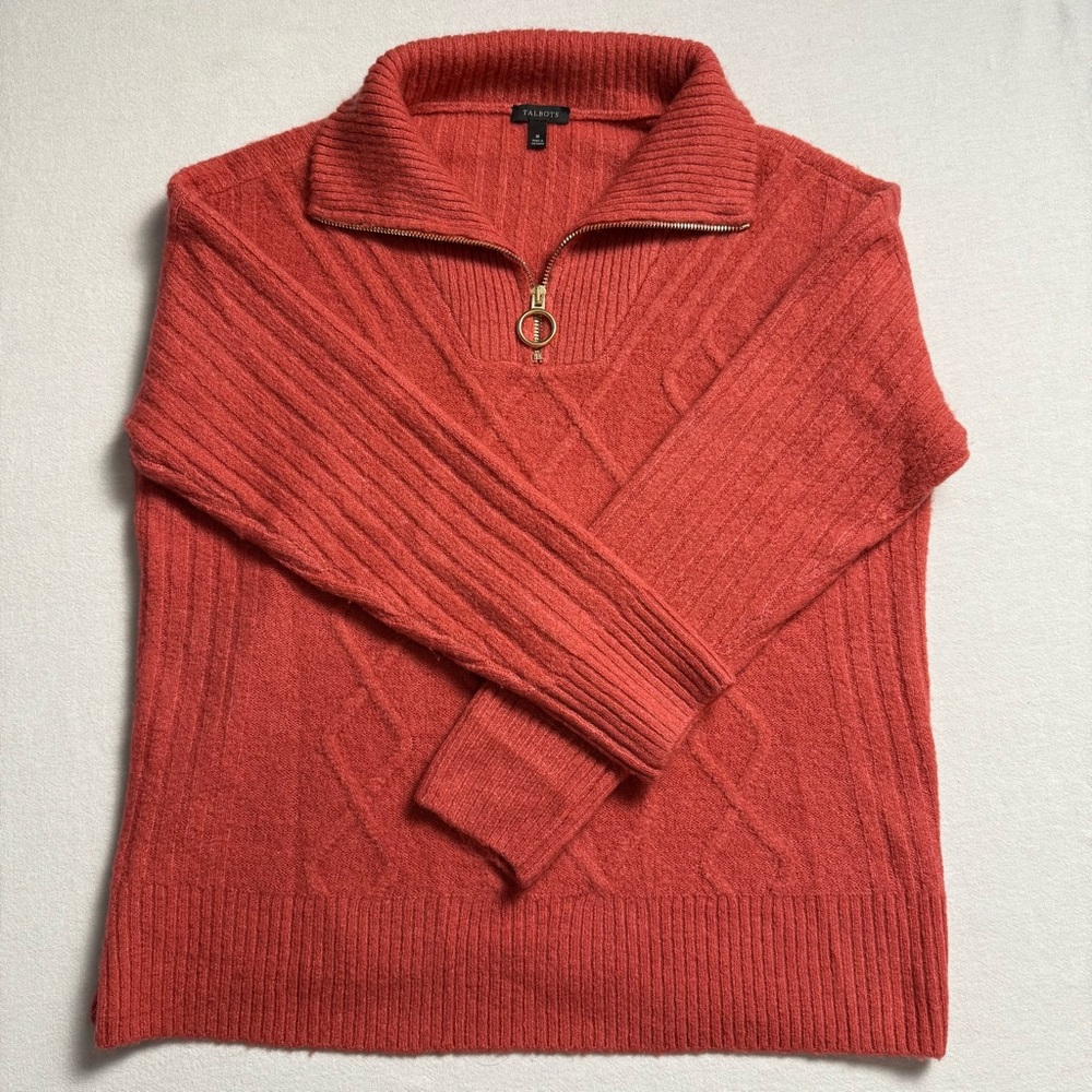 Talbots Half Zip Cable Knit Sweater Size M Coral Coastal Grandma Preppy Classic - Picture 4 of 11